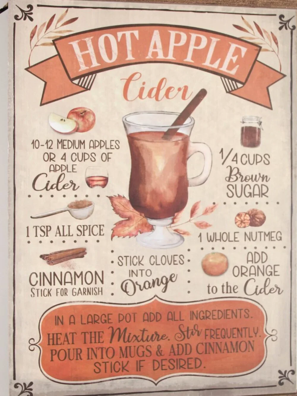 Hot Apple Cider Recipe Sign Rustic Fall Decor